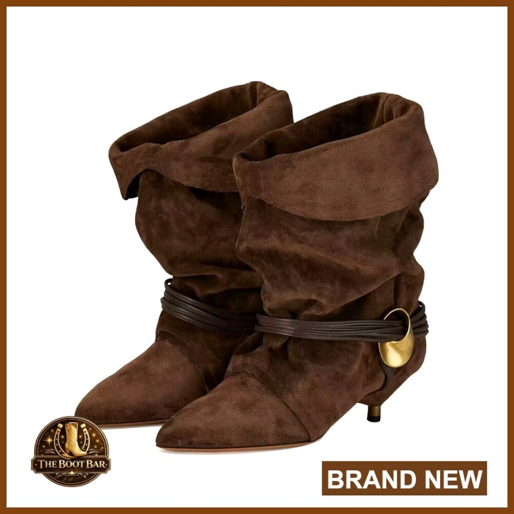 Slouchy Ankle Boots Pointed Toe Kitten Heel Boho Suede Fold Over Wide Calf